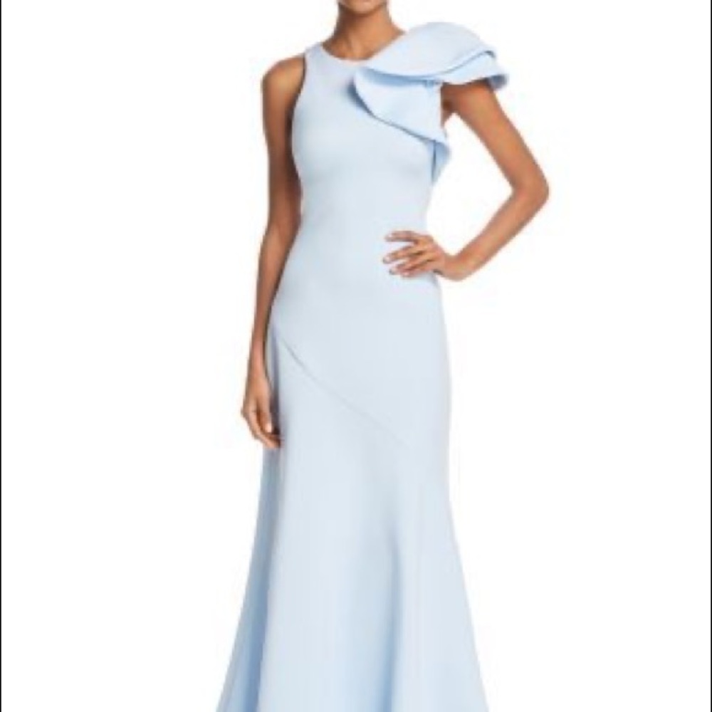 Avery G ruffle shoulder evening dress!